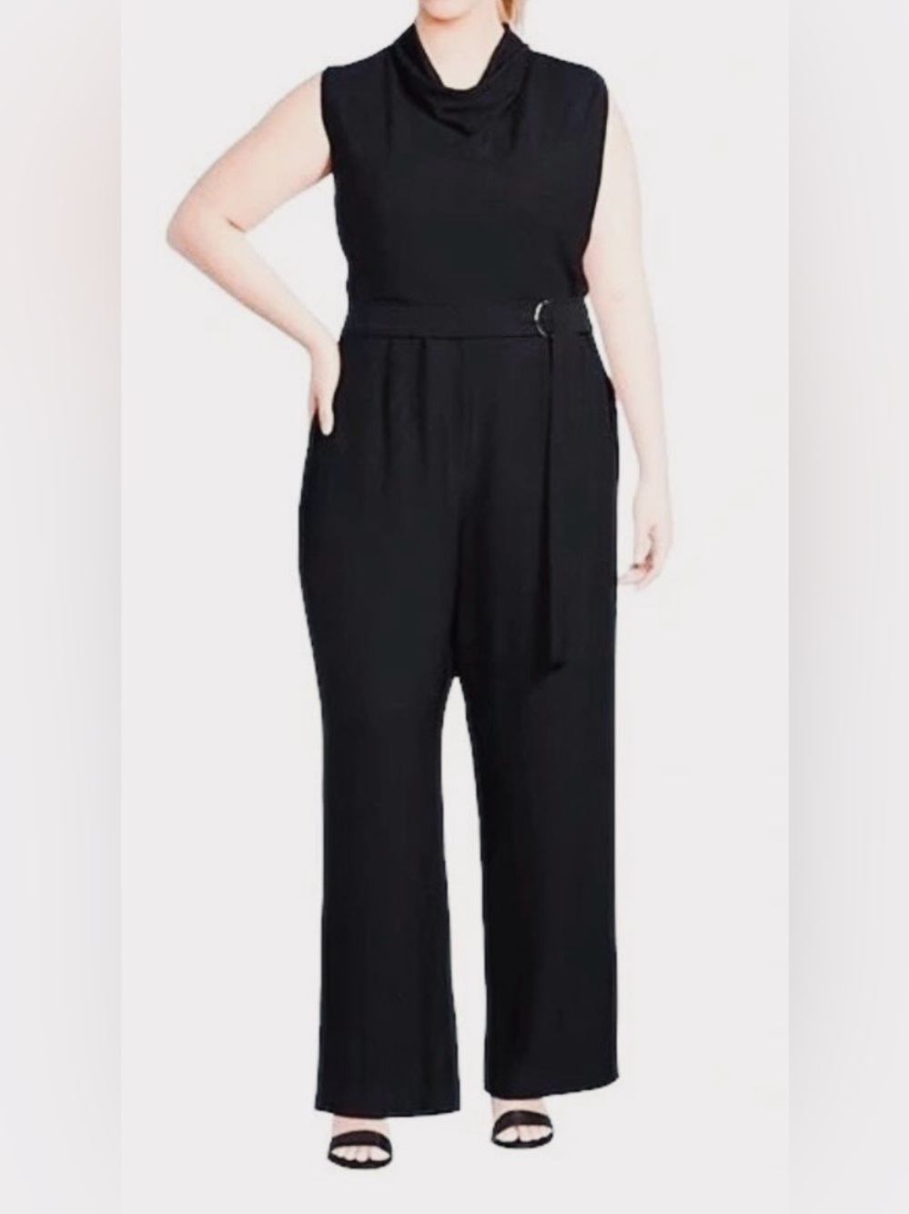 Alex Marie Black Belted Zip Back Cowl Neck Jumpsuit Size 18W Work Office